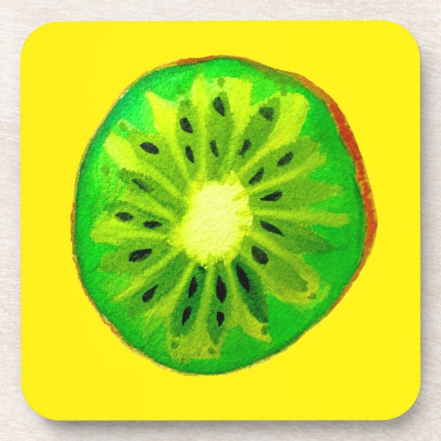 Pop art bright kiwi fruit original watercolour coaster (Front)