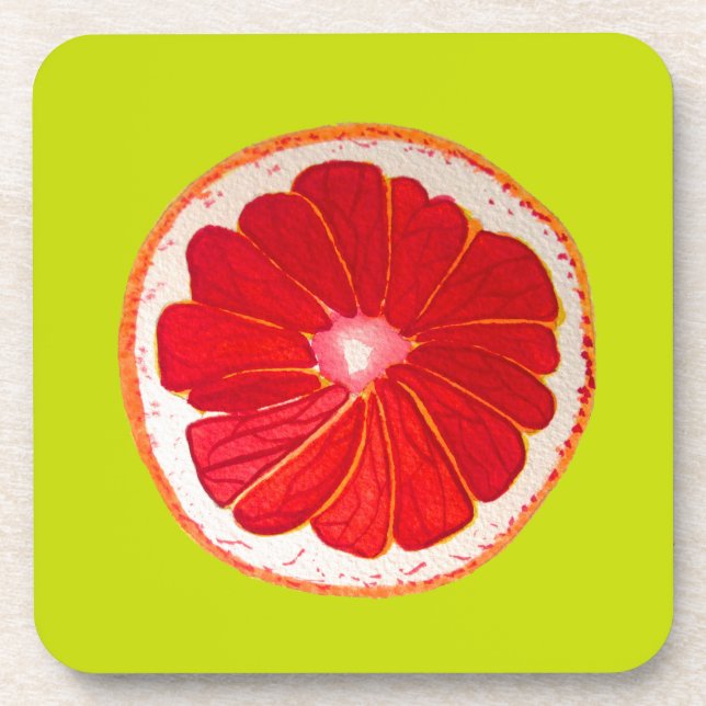 Pop art bright pink grapefruit watercolour coaster (Front)