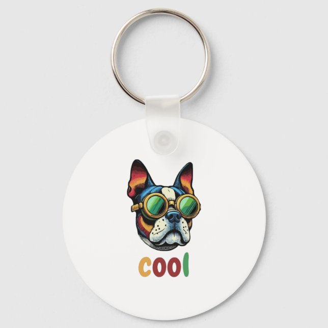 Pop Art Bulldog With Goggles Key Ring (Front)