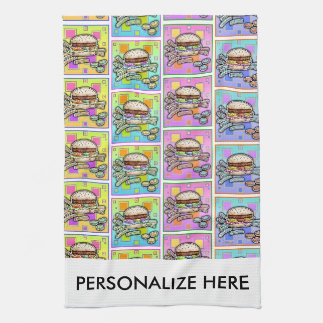 POP ART BURGER (Hamburger) Tea Towel (Vertical)