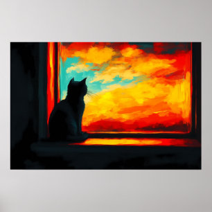 Pop Art Cat at Sunset - Window view Poster