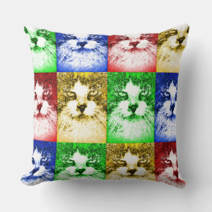 Pop Art Cats Red Blue Yellow Gold Green Cushion