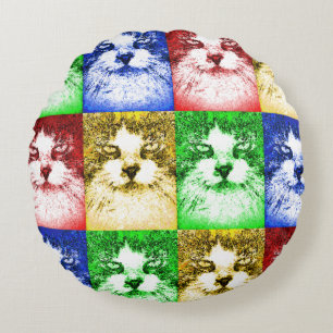 Pop Art Cats Red Blue Yellow Gold Green Round Cushion