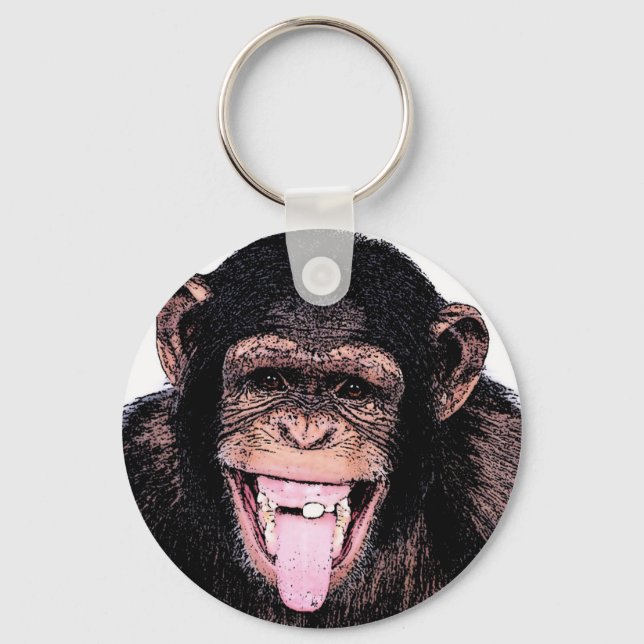 Pop Art Chimpanzee Sticking Tongue Out Key Ring (Front)