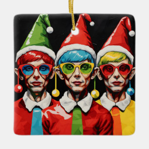 Pop Art Christmas Elves Ceramic Ornament