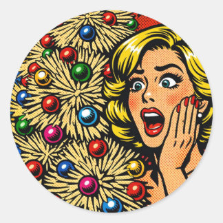 Pop Art Christmas, shocked expression, funky tree  Classic Round Sticker