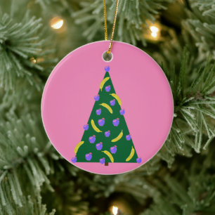 Pop Art Christmas Tree with Apples & Bananas Pink Ceramic Tree Decoration