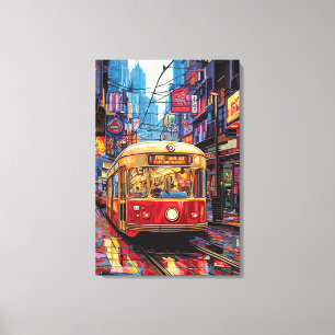 Pop Art City Tram with Neon Reflections Canvas Print