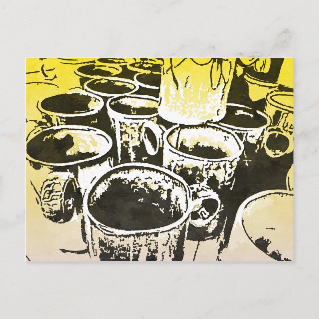 Pop Art Coffee Mugs Watercolor Print in Yellow Postcard (Front)
