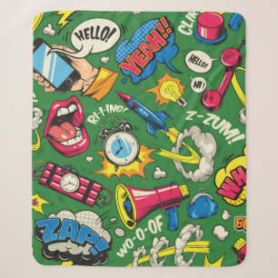 Pop art colorful seamless pattern with comic speec sherpa blanket