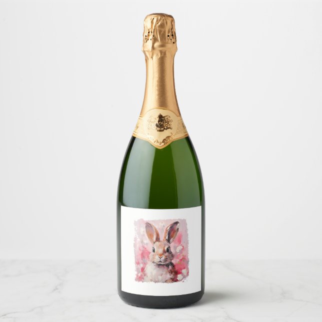 Pop Art Colourful Bunny Rabbit Pink  Sparkling Wine Label (Front)