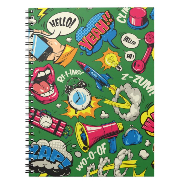 Pop art colourful seamless pattern with comic spee notebook (Front)