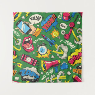 Pop art colourful seamless pattern with comic spee tapestry