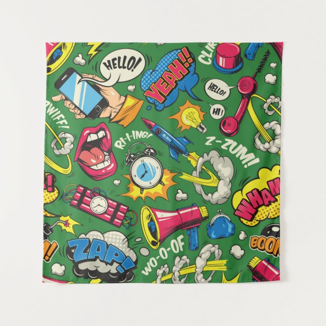 Pop art colourful seamless pattern with comic spee tapestry (Front)