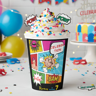 Pop art comic birthday paper cups