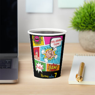 Pop art comic birthday paper cups