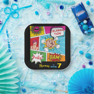 Pop art comic birthday paper plate