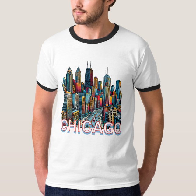 Pop art Comic Book Art Chicago Illinois Skyline T-Shirt (Front)