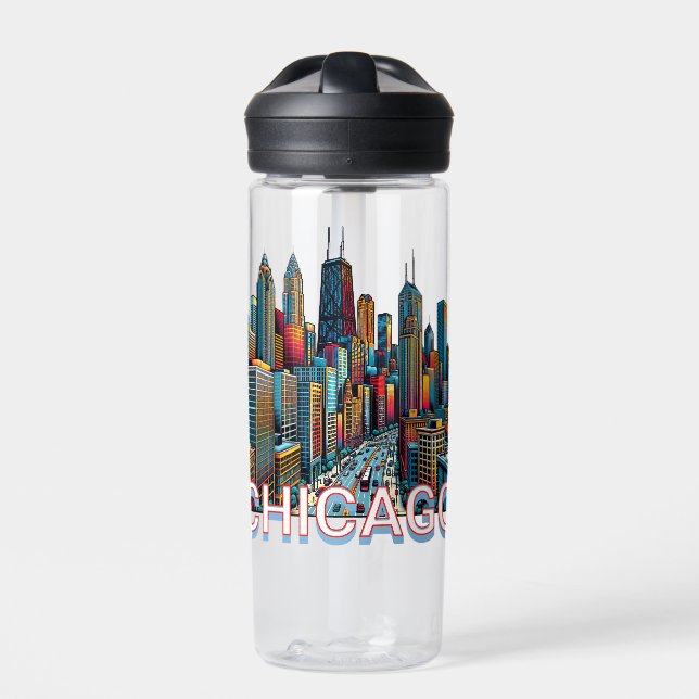 Pop art Comic Book Chicago Skyline Personalised Water Bottle (Front)
