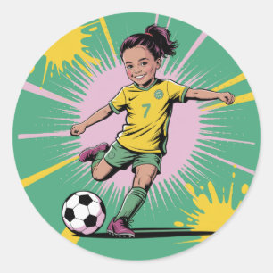 Pop Art Comic Girls Soccer Birthday Party Classic Round Sticker