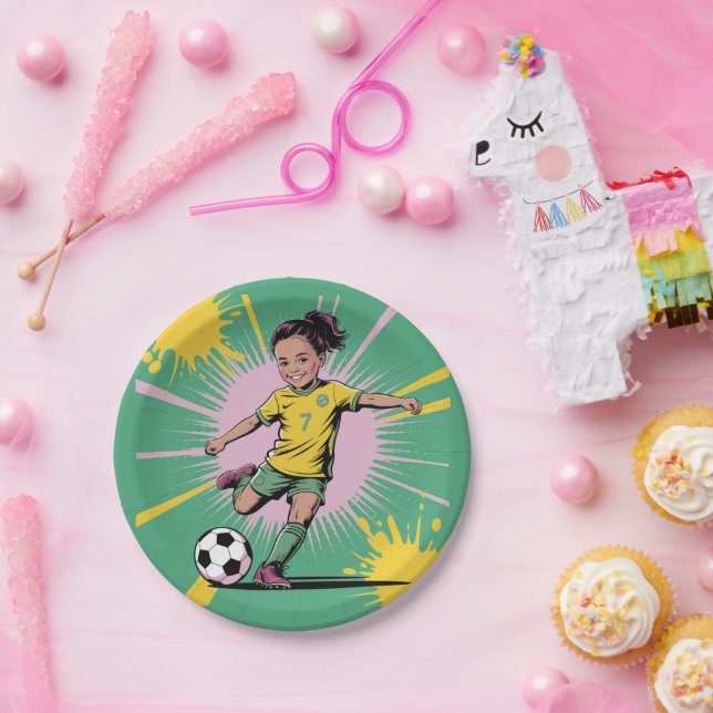 Pop Art Comic Girls Soccer Birthday Party Paper Plate (Party)