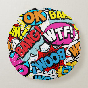 Pop Art Comic: Retro Seamless Pattern Round Cushion