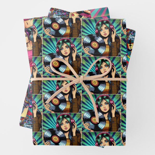 Pop Art Comic Style Birthday Girl Music Lover Wrapping Paper Sheet (In situ)