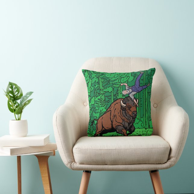 Pop Art Comic Style Bison Tossing Man Halftone Cushion (Chair)