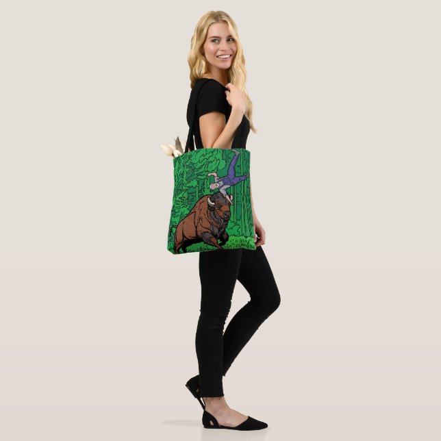 Pop Art Comic Style Bison Tossing Man Halftone Tote Bag (On Model)