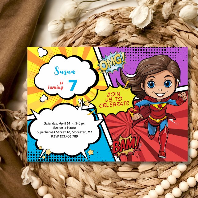 Pop art comic superhero supergirl birthday invitation (Creator Uploaded)