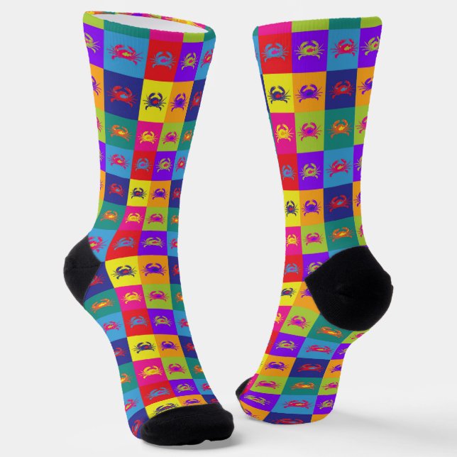 Pop Art Crabs Colourful Seafood Patterned Socks (Angled)