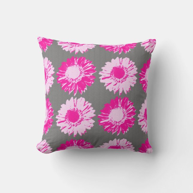 Pop Art Daisies - Fuchsia Pink and Grey Cushion (Front)