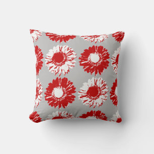 Pop Art Daisies - Red, White and Grey Cushion