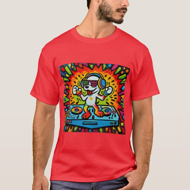 Pop Art Dj Dog Dancing funny T-Shirt (Front)