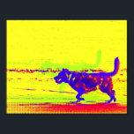 Pop Art Dog on Beach poster<br><div class="desc">A photo of a happy dog running on the beach with a ball in his mouth has been modified with pop art colours and styles for a bright,  colourful,  cheerful poster. Great decor for dog lovers. Yellow,  red,  blue,  green.</div>