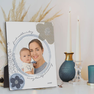 Pop Art Flower Blue Grey Editable Occasion Photo Plaque