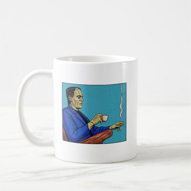 Pop Art Frankenstein Monster Drinking Tea Halftone Coffee Mug (Left)