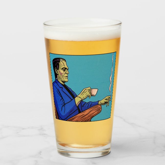 Pop Art Frankenstein Monster Drinking Tea Halftone Glass (Front Filled)