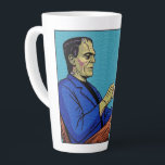Pop Art Frankenstein Monster Drinking Tea Halftone Latte Mug<br><div class="desc">This pop art illustration features a classic reanimated monster in a sophisticated, leisure-filled setting. Rendered in a vibrant comic book style with distinct Ben-Day dots, the green-skinned figure wears a sharp blue blazer while holding a delicate teacup and a smoking cigarette. Bold black outlines and a bright cyan halftone background...</div>