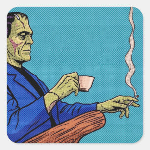 Pop Art Frankenstein Monster Drinking Tea Halftone Square Sticker