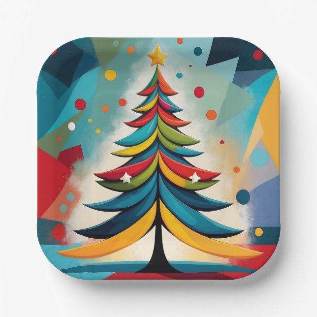 Pop Art Geometric Christmas Feathered Branches Paper Plate (Front)