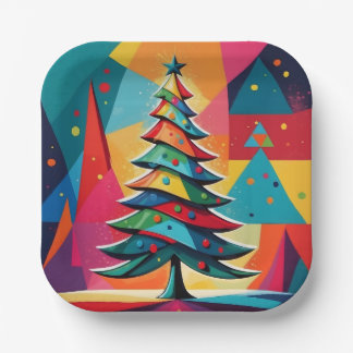 Pop Art Geometric Layered Christmas Tree Paper Plate