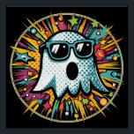 Pop Art Ghost Glossy Poster<br><div class="desc">A whimsical ghost wearing sunglasses is surrounded by a vibrant explosion of colours and patterns in a comic book style. The playful design features a mix of dots,  stars,  and dynamic lines,  adding an energetic and fun vibe.</div>