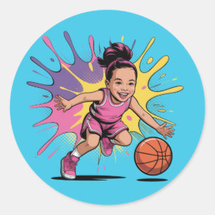 Pop Art Girl Basketball Birthday Bash Classic Round Sticker