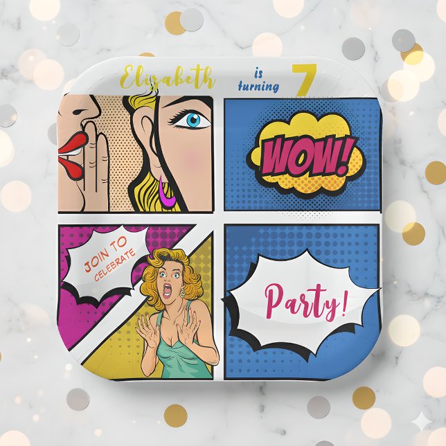 Pop art girl comic birthday paper plate (Creator Uploaded)