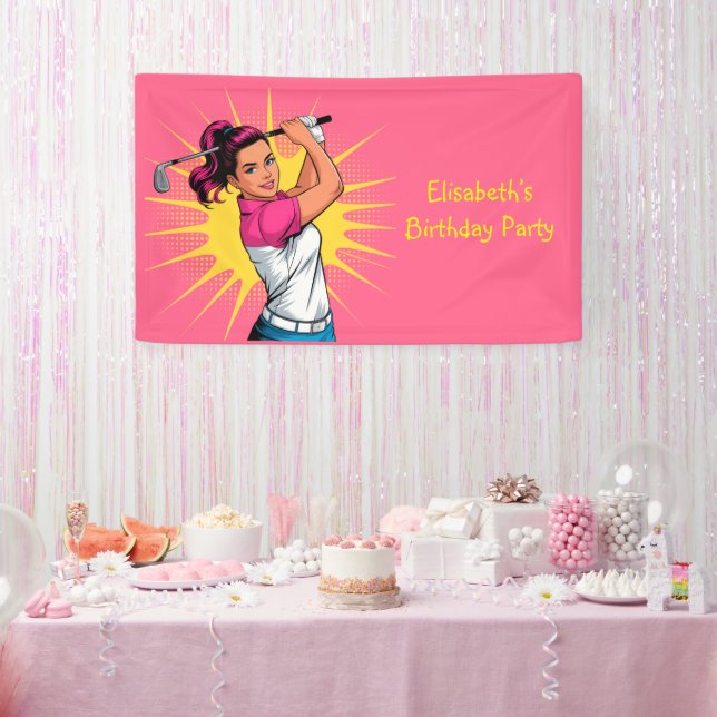 Pop Art Girl Golfer Birthday Party Banner (Party)