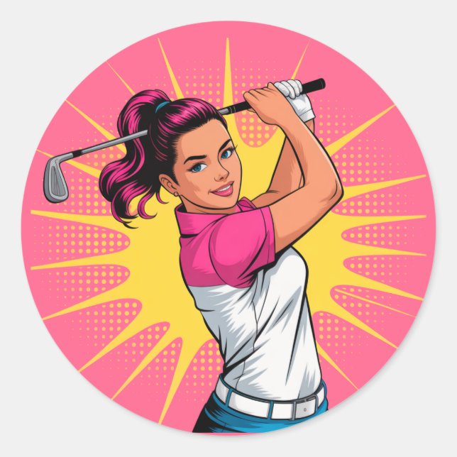 Pop Art Girl Golfer Birthday Party Classic Round Sticker (Front)