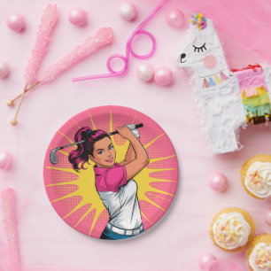 Pop Art Girl Golfer Birthday Party Paper Plate