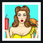 Pop Art Girl with Burger Kitchen  24x24 Poster<br><div class="desc">This poster/print  would be great for a retro kitchen.  Choose your own size,  background colour and quality of paper. Use the Zazzle framing tools to see what this image will look like framed. Increase or decrease the border to suit your vision.</div>
