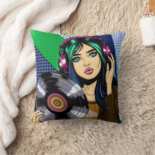 Pop Art Girl with Record Cushion